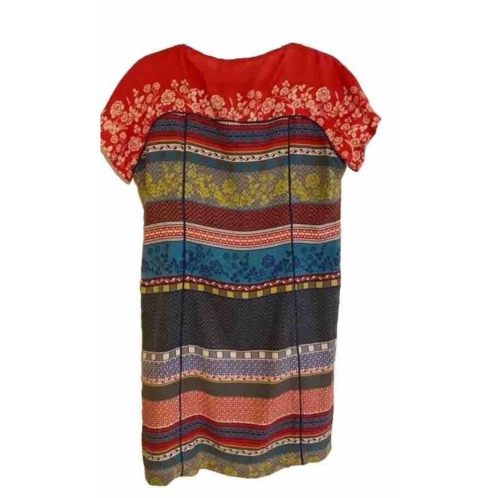 Multicolored Short Sleeve Patterned Silk Tunic Dr… - image 1
